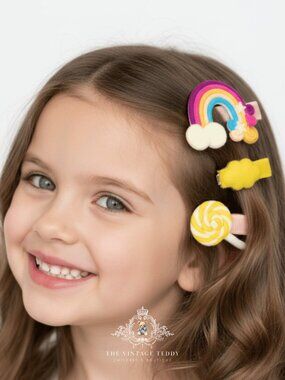NWT Cute Girls Hair Accessories Rainbow, Cloud & Lollipop Kids Hair Clips Yellow